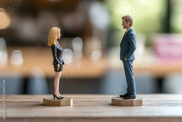 Obraz Two figures, one a woman and the other a man, stand facing each other on a wooden table. The woman is wearing a suit and the man is wearing a suit and tie. The scene is set in a kitchen