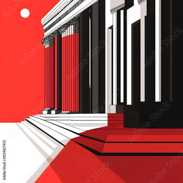Obraz A red and black building with white pillars. The building is a courthouse. The red and black color scheme gives the building a sense of authority and power