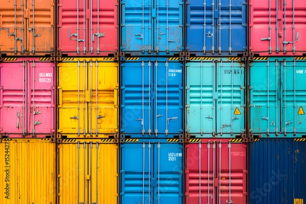 Fototapeta A row of colorful shipping containers are stacked on top of each other. The colors are bright and vibrant, creating a sense of energy and excitement. The containers are of different sizes and shapes