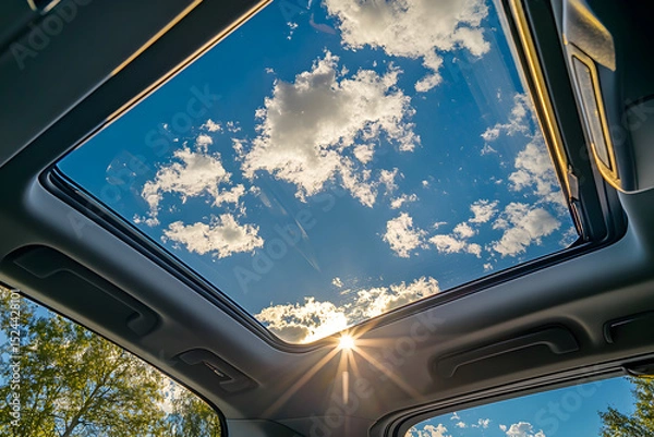 Obraz A car's sunroof is open, revealing a clear blue sky with fluffy white clouds. The sun is shining brightly, casting a warm glow on the car's interior. Concept of freedom and relaxation