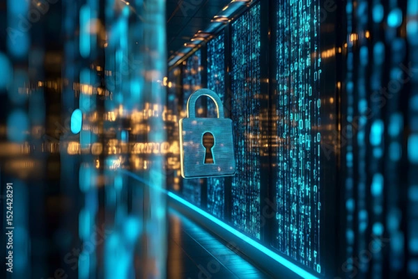 Obraz A computer screen shows a key on a lock. The lock is surrounded by a blue background with a city view in the background. Concept of security and protection, as the key is the symbol of protection