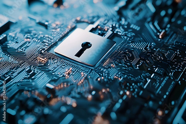 Obraz A close up of a computer chip with a keyhole in the middle. Concept of security and protection, as the keyhole is a symbol of a lock that keeps something safe