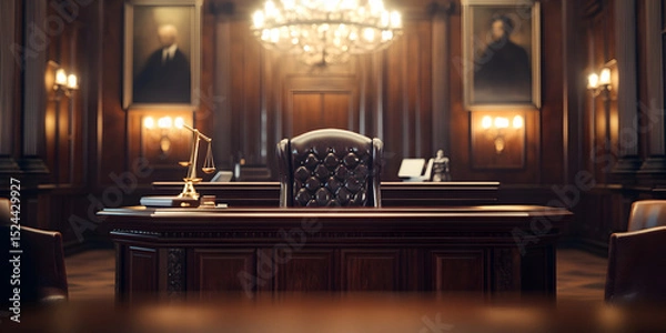 Fototapeta A courtroom with a judge's bench and a large portrait of a man on the wall