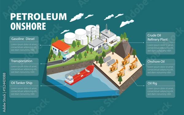 Fototapeta Oil Energy: Onshore Operations and Refining Systems in Isometric graphic