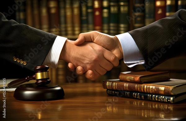 Obraz Two men shaking hands in front of a stack of books