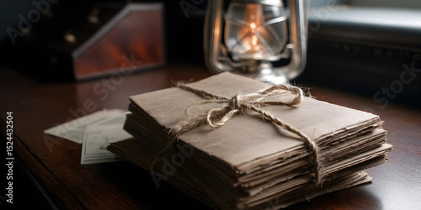Fototapeta A stack of letters with a string tied around them