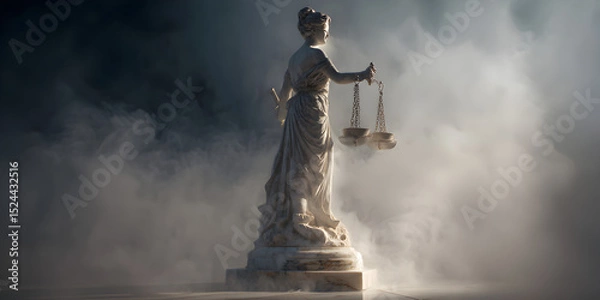 Obraz A statue of a woman holding scales with a cloud of smoke in the background