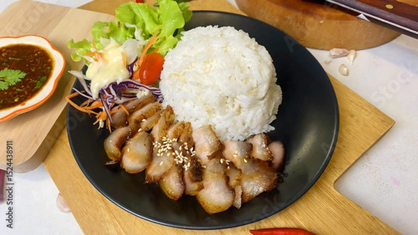 Fototapeta Appetizing Thai grilled pork neck with sesame seeds served with steamed jasmine rice and fresh salad including lettuce, purple cabbage, carrot, and cherry tomato. Presented on a black plate with spicy