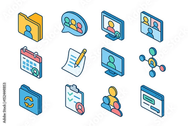 Obraz Colorful communication and collaboration icons collection on gradient background