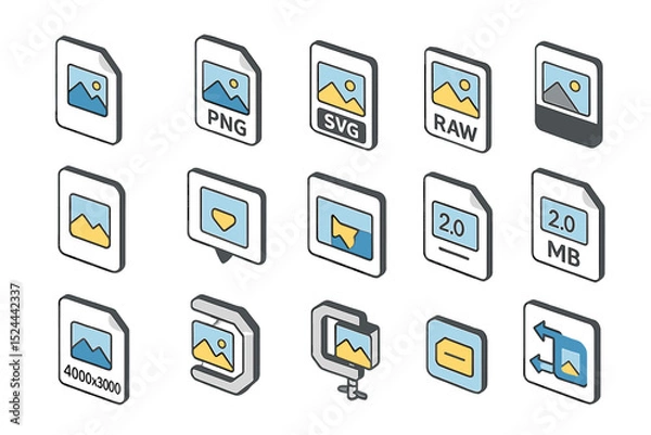 Obraz Isometric icons of different image file types and compression tools