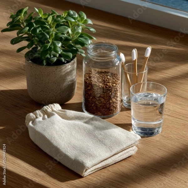 Fototapeta A cozy indoor scene featuring a small green plant in a pot, a glass of water, a jar of grains, cotton bag, and cotton swabs on a wooden table.