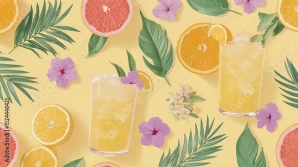 Obraz A tropical drink with a pink flower garnish and a glass of orange juice