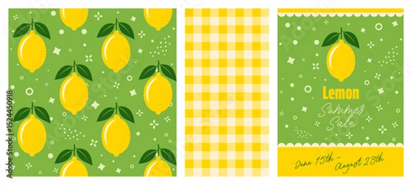 Obraz Set of Lemon themed designs, Fresh yellow Lemons with Leaves Seamless Vector Pattern and Gingham Pattern Background, Perfect for textiles, wallpapers, packaging, and summer design themes.