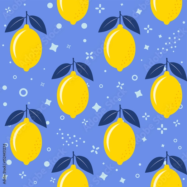 Obraz Fresh yellow Lemons with Navy Blue Leaves, Seamless Vector Pattern on Abstract Baby Blue Background, Perfect for textiles, wallpapers, packaging, and summer design banner themes.