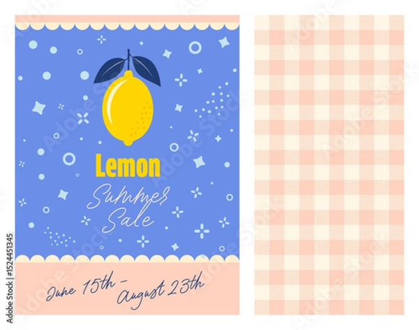 Obraz Set of Lemon themed designs, Fresh yellow Lemons with Leaves Seamless Vector Pattern and Gingham Pattern Background, Perfect for textiles, wallpapers, packaging, and summer design themes.