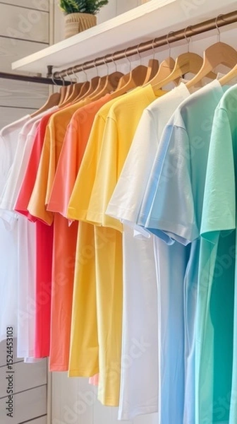 Fototapeta Colorful Clothing Rack Display: Vibrant Rainbow Hues of Apparel Hanging in a Retail Store Setting