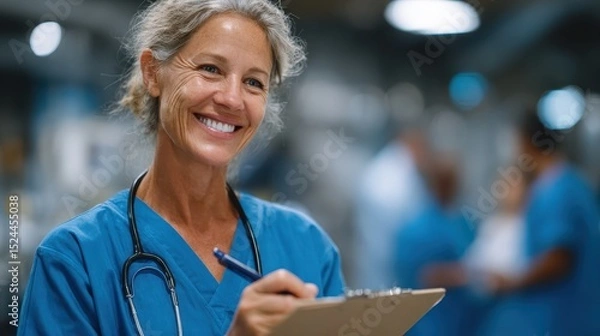 Obraz A cheerful and professional medical staff member smiling while holding a clipboard, conveying a sense of satisfaction and teamwork in a vibrant healthcare environment.