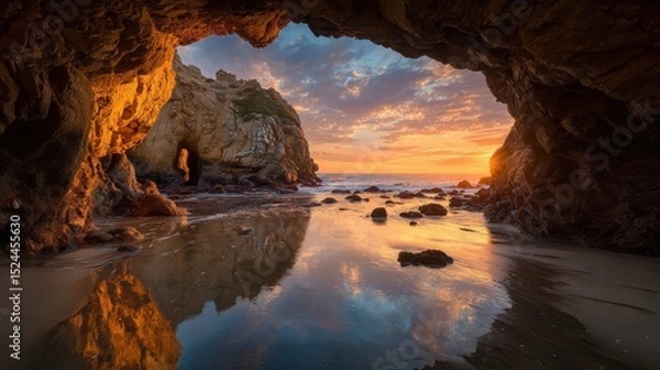 Obraz A 4K photo of golden Sunrise Reflection on Ocean Water Next to White Coastal Cliff with Cave Entrance sunrise cave.