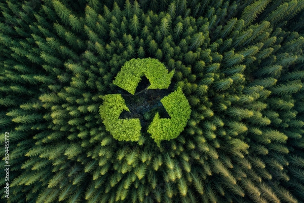 Fototapeta Drone shot of a dense forest with a green recycle symbol perfectly integrated among the trees. Promotes sustainability, environmental awareness, and eco-friendly initiatives.