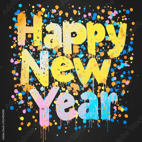 Fototapeta Colorful paint confetti splashes, bold graffiti words Happy New Year on a black background, creating a fun, energetic and artistic celebration of the new year. Beautiful greeting card illustration