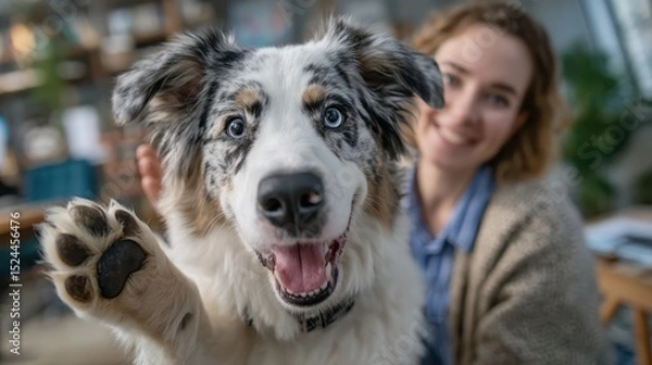Obraz A lively dog playfully raises its paw with a big smile, while a happy person enjoys the moment behind, creating an uplifting scene that highlights their joyful companionship and bond.
