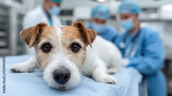Obraz A relaxed dog lies on a medical table while veterinary professionals prepare for examination, showcasing trust and comfort in a vet clinic setting during a routine check-up.
