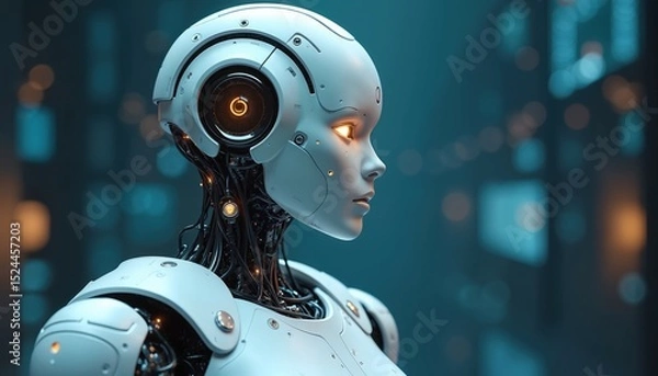 Fototapeta Futuristic robot with glowing eyes. Advanced AI technology, digital transformation, innovation concept. Modern cyborg design, robotic face profile, digital human. AI, machine learning, future tech.