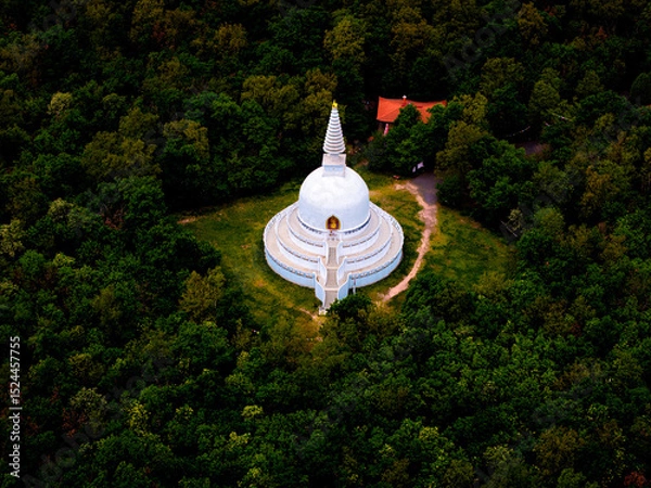 Obraz Peaceful stupa surrounded by lush forest in an early morning light setting