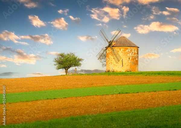 Obraz Historic windmill stands tall on a green field under a clear sky at sunset