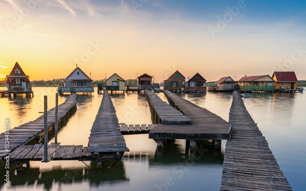 Obraz Explore the unique charm of Bokod floating village at sunset by the serene waterfront