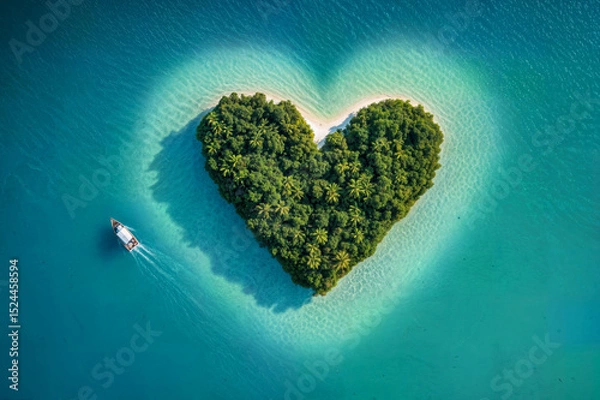 Fototapeta Aerial view of a heart-shaped tropical island surrounded by turquoise waters with a boat approaching. Symbol of love, romance, and exotic travel destinations for vacation or honeymoon.
