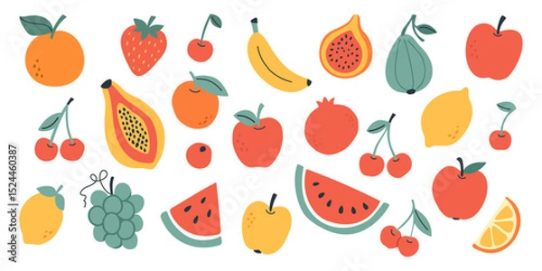 Fototapeta Colorful vector collection of tropical and summer fruits including apple, orange, papaya, banana, pitaya, cherry, strawberry, grape, watermelon, lemon, and pomegranate. Ideal for healthy food designs