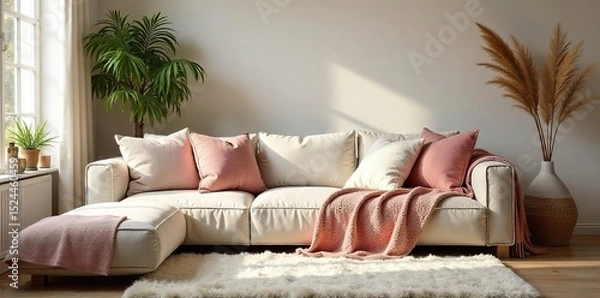 Fototapeta Cozy living room with plush throw pillows, soft textured blankets, and a fluffy rug creating a warm and inviting atmosphere Perfect for relaxation and comfort , warm, comfort