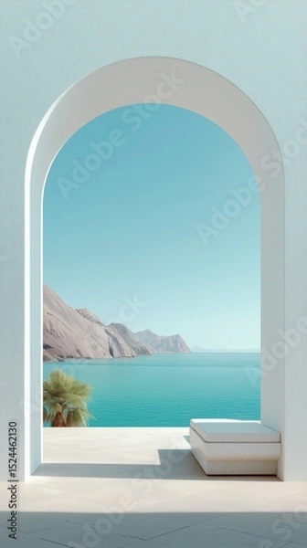 Fototapeta Stunning coastal view framed by a white arch under a clear blue sky in a serene waterfront location