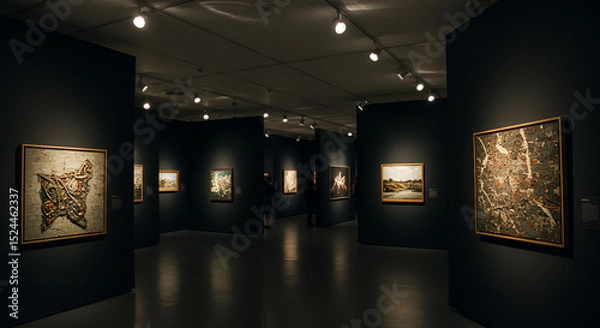 Fototapeta “Art gallery with matte black walls, a clean white floating ceiling, and track lights highlighting pieces on display.”