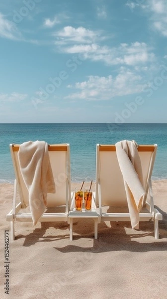 Fototapeta Beach chairs arranged in perfect symmetry facing calm ocean waters under a clear blue sky
