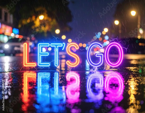Fototapeta Bright neon letters spelling “LET’S GO” glow vividly on a wet city street at night, reflecting colorful lights in the rain-soaked pavement.