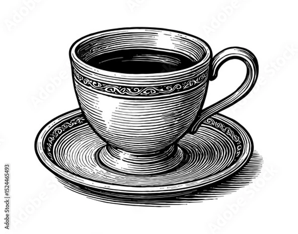 Fototapeta Steaming coffee in a white cup, simple photograph of hot beverage, cafe.