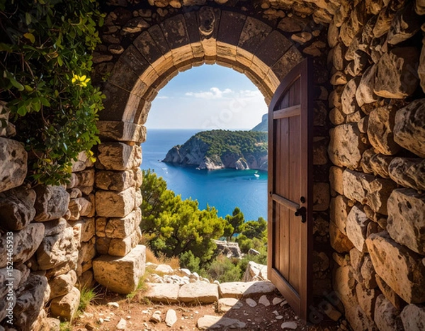 Fototapeta An ancient stone archway with a wooden door opens to a breathtaking view of the blue sea, lush cliffs, and a distant sailboat under the clear sky.