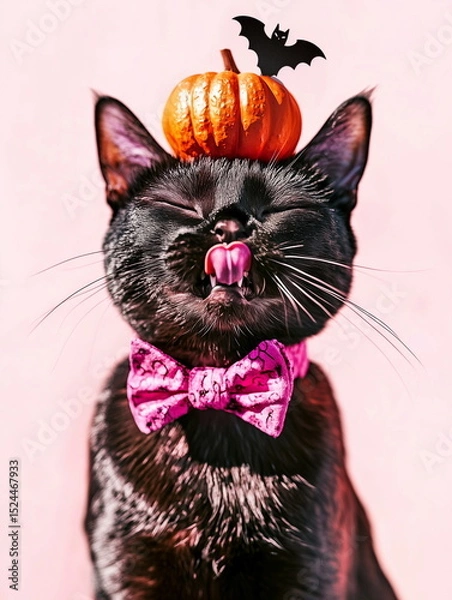 Fototapeta Happy black cat showing his tongue, wearing a pink bow tie with a mini pumpkin and bat on its head, perfect for Halloween themed content, pet fashion, or seasonal social media and marketing visuals.