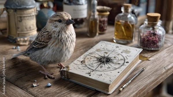 Obraz The image captures a charming bird standing next to an illustrated notebook depicting a compass, blending nature with the exploration theme beautifully.
