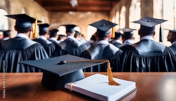 Obraz graduates in caps and gowns attend a ceremony a notebook rests on a desk in the foreground