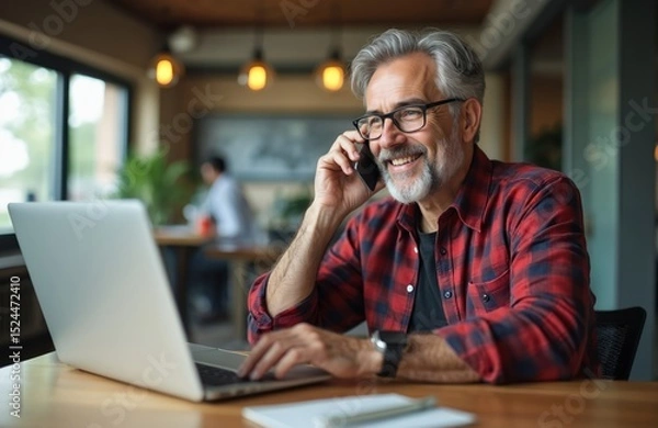 Fototapeta Smiling grey-haired man talks on phone near laptop at home office. Happy male working, using computer technology, mobile phone. Casual business attire. Video call, remote work, telework, cyberspace