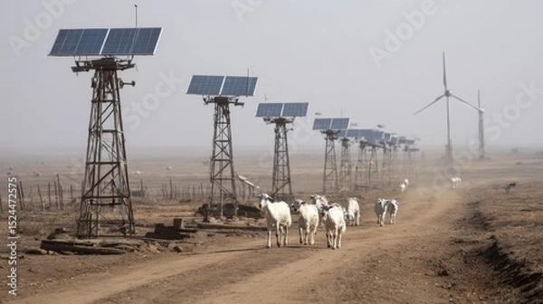 Obraz Goats traverse a dusty rural path flanked by hybrid solar-wind towers generating renewable energy for a micro-grid in a dry agricultural landscape — ai generative.
