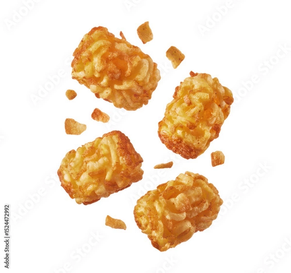 Fototapeta Floating potato tots with small crispy fragments on a white background, Isolated Transparent Background