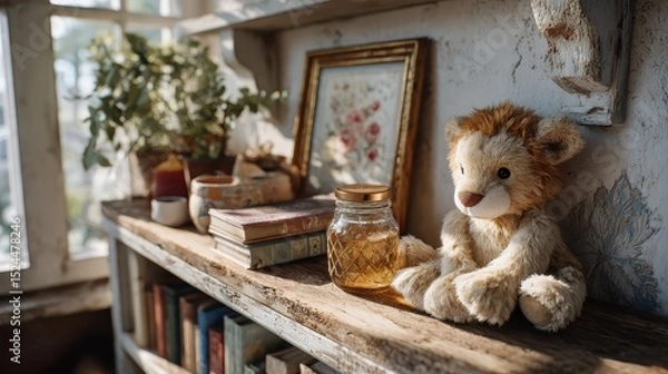 Obraz A charming plush lion sitting on a rustic shelf with vintage books and floral decor captures warmth and comfort, providing a delightful focal point in a cozy living space.