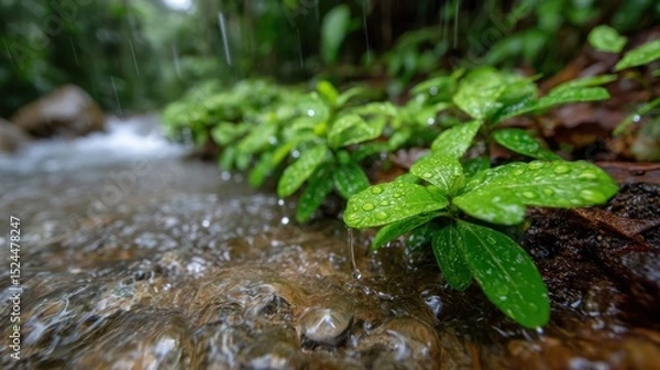 Obraz This image showcases vibrant green plants growing alongside a creek, enhanced by raindrops, illustrating the beauty of nature and the serene environment of a rainforest.