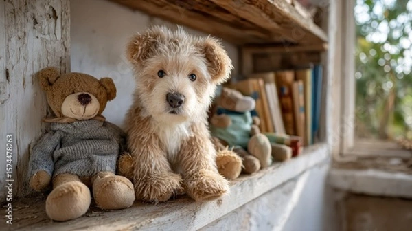Fototapeta A delightful scene featuring fuzzy stuffed animals sitting on a rustic shelf, creating a charming and cozy atmosphere filled with warmth, nostalgia, and playful companionship.