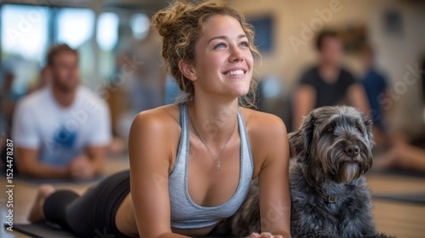 Obraz A smiling woman in a yoga session with a dog resting beside her, illustrating the joy and companionship of sharing wellness moments with beloved pets.