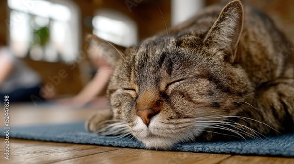Obraz A peaceful cat sleeping on a yoga mat in a cozy studio, portraying tranquility and comfort, with a serene atmosphere reflected in the soft, warm setting.